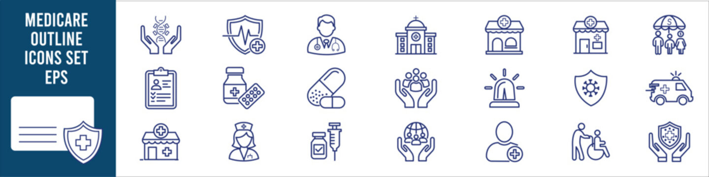 Healthcare and medical outline icon set featuring doctors hospitals pharmacy ambulance medicine wheelchair stethoscope diagnosis treatment first aid patient care symbols