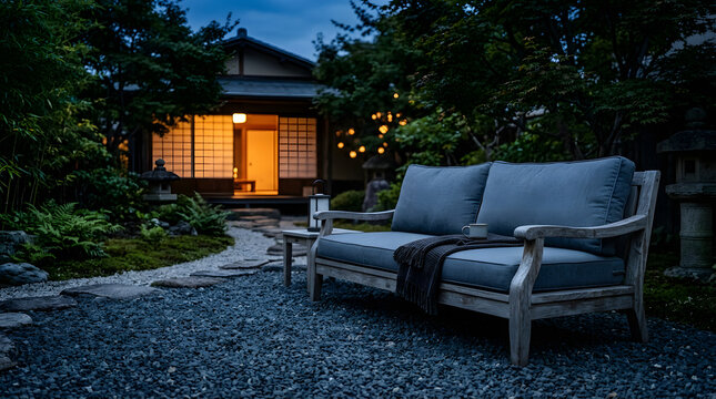 Modern teak outdoor sofa in Japanese garden | Zen backyard landscape with gravel terrace | Luxury patio furniture for evening ambiance | Japanese house with shoji screens at dusk
