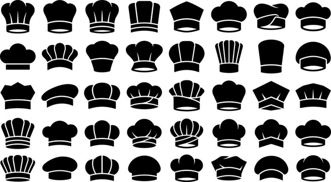 Collection of various chef hats and cooking headwear silhouettes, different styles and shapes, professional kitchen uniform elements