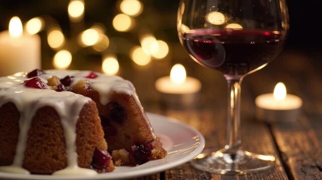 Glazed fruit cake and red wine surrounded by candles. Festive dessert setting for holiday dinner and intimate celebration.