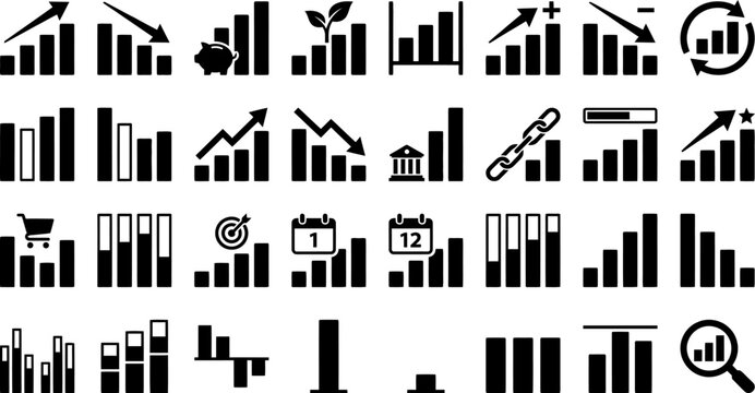 Business bar chart and graph icon set, financial growth, market trends, data analytics, performance and statistics pictograms