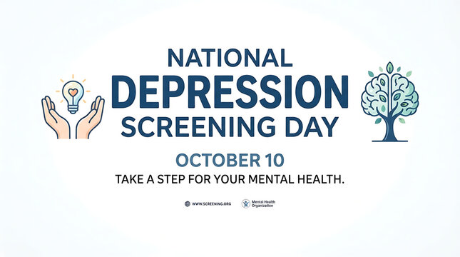 "NATIONAL DEPRESSION SCREENING DAY," "OCTOBER 10," and "TAKE A STEP FOR YOUR MENTAL HEALTH," flanked by cupped hands holding a lightbulb "SCREENING.ORG" and "MENTAL HEALTH AMERICA" logos at the bottom