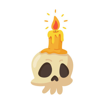 Whimsical cartoon skull icon with a brightly burning melting yellow candle on top for holidays