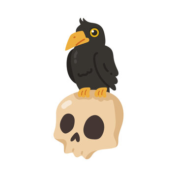 Whimsical black raven perched on a stylized skull, perfect for spooky themes