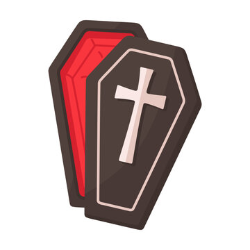 Open dark coffin with a cross on its lid and vibrant red lining, perfect for Halloween themes