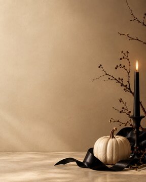 Minimalist Halloween still life with white pumpkin, black candle, and dried branches on a beige background.