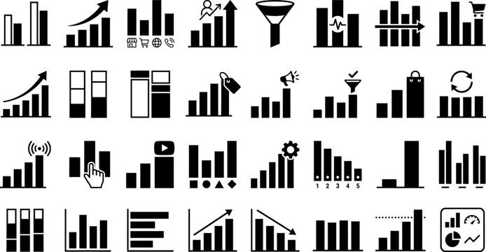 Bar chart icon set with business data analytics, growth diagram, financial statistics and marketing graphs