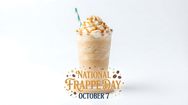 A Starbucks Frappuccino topped with whipped cream, caramel drizzle and a green straw sits centered on a white background above a large coffee-bean-shaped graphic reading "NATIONAL FRAPPE DAY OCTOBER 7