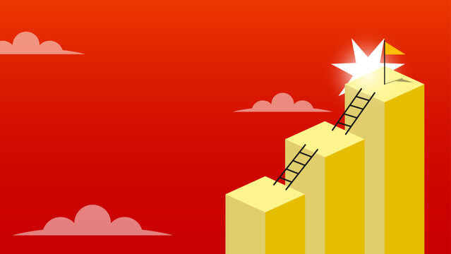 Three square-shaped towers with flags at the top, connected by ladders. Reaching for goals, dreams, and victory all the way to the sky. Perfect for reports on awards or business achievements.