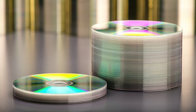 A close-up view of stacks of CDs reflecting rainbow colors.