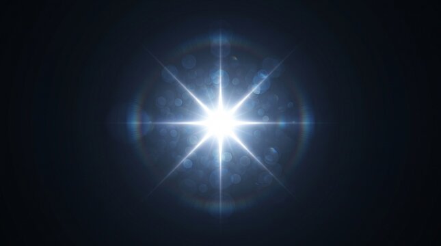 Bright white starburst lens flare with blue glowing halo on dark background.