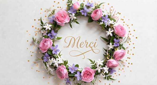 Couronne florale &eacute;l&eacute;gante de roses et violettes avec inscription dor&eacute;e "Merci"
