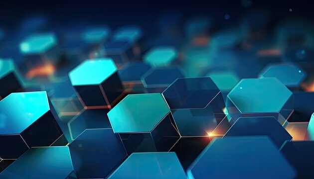 A futuristic abstract background featuring a tessellation of glowing hexagonal shapes in shades of blue and teal, with warm orange light sources in the distance.