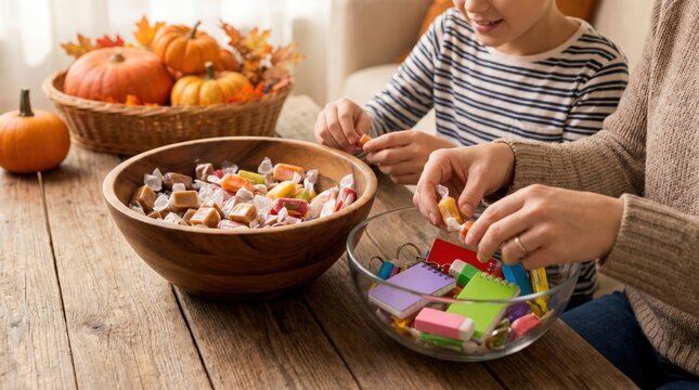 Mother and child bonding over crafts during autumn season.