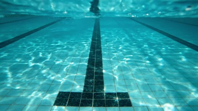 Swimming pool water sparkles under the bright afternoon sun with clear blue tiles and lane lines.