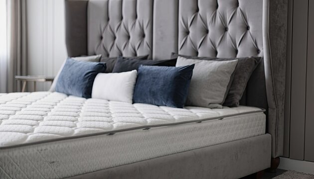 A plush gray tufted headboard bed with a clean white mattress and decorative pillows.