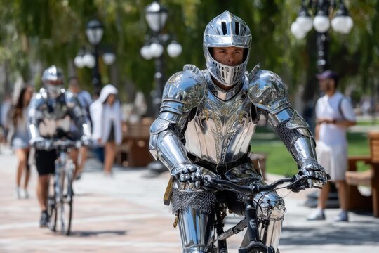 Bicyclists in shining armor ride through a park on a sunny day
