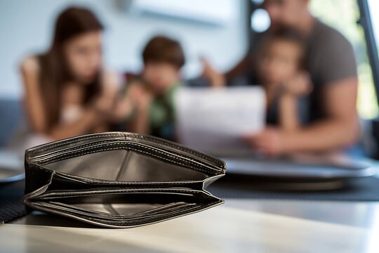 Empty wallet in foreground with blurred family discussing bills at home, financial crisis concept for foreclosure, mortgage debt, housing affordability and household expenses