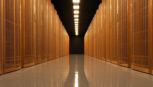 An empty server room with rows of tall wooden cabinets.