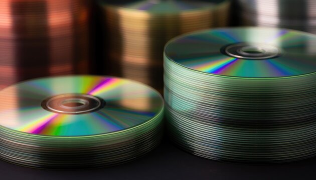 Stacks of shiny CDs reflecting rainbow colors in soft focus.