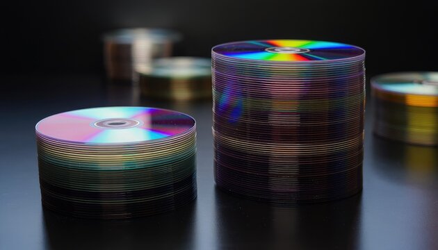 Stacks of CDs gleam with rainbow iridescence against a dark background.
