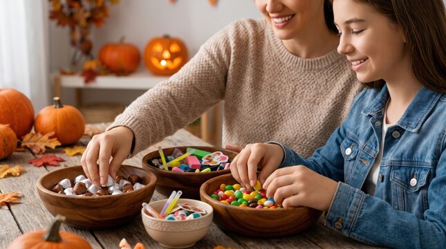 Mother and daughter enjoying Halloween candy together at home.