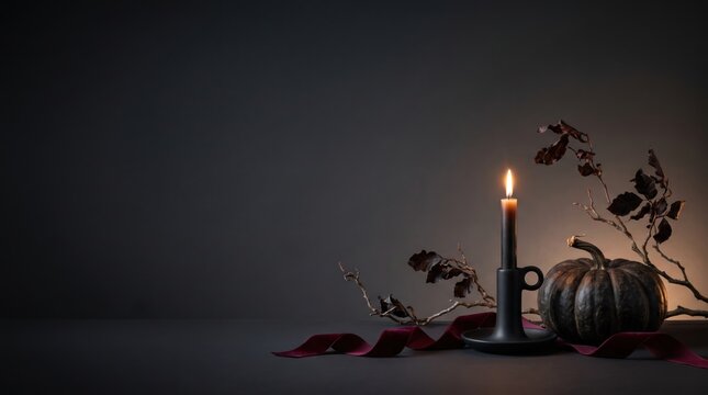 Spooky Halloween candlelit scene with pumpkin and autumn leaves.