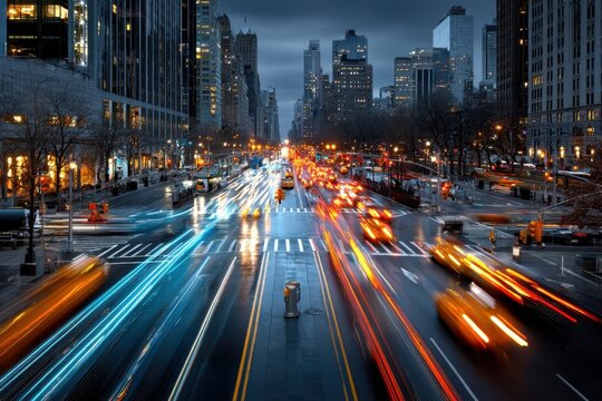 Busy city street at dusk with light trails