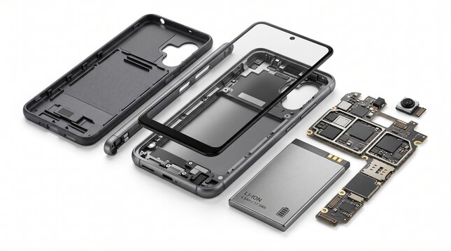 Disassembled smartphone parts exploded view, electronic components and phone hardware, mobile phone repair and maintenance concept