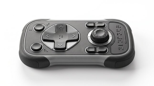 Compact wireless controller unit, modern black presentation remote, portable gaming and media device on white background