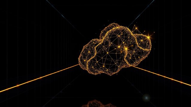 Golden polygonal cloud floats above dark surface. Lines connect points creating abstract form, suggesting data network. Minimalist design.