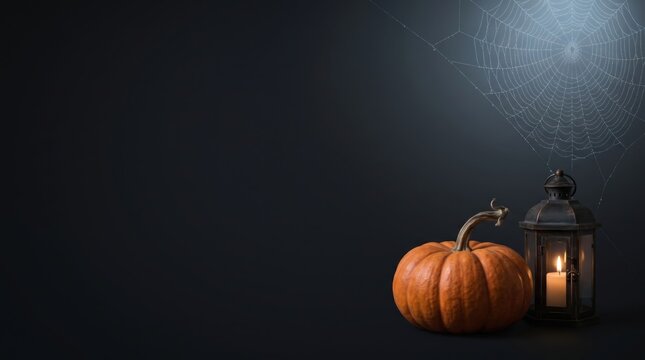 Small orange pumpkin with glowing candle in lantern on dark background.