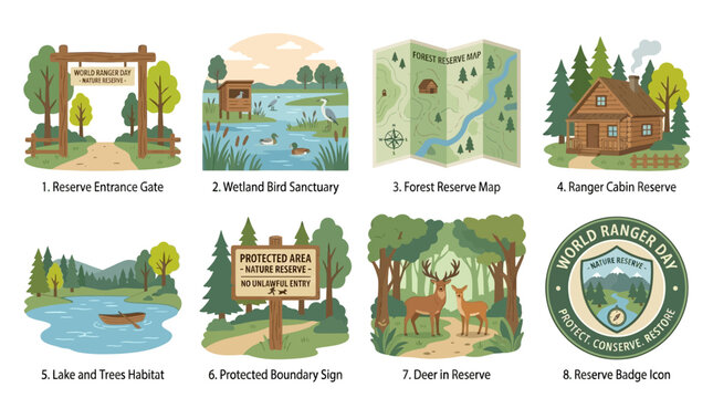 Nature reserve elements showcase an entrance gate, wetland bird sanctuary, forest map, ranger cabin, lake habitat, protected area sign, deer in woodlands, and a commemorative badge for wildlife areas.