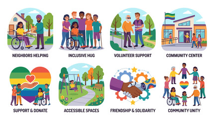 Fototapeta premium Community support groups promote inclusivity, accessibility, and solidarity through volunteer efforts, helping neighbors, and providing accessible spaces to foster unity among diverse groups of.