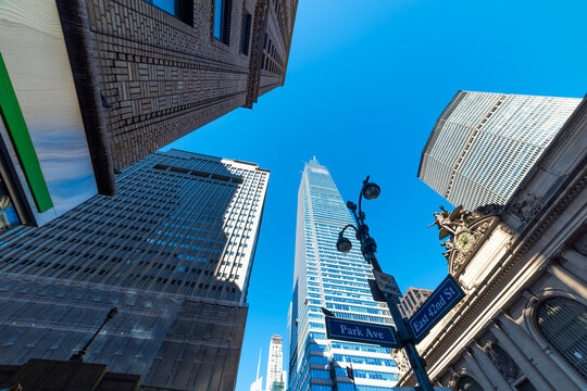 Manhattan skyscrapers viewed from below at East 42nd Street and Park Avenue