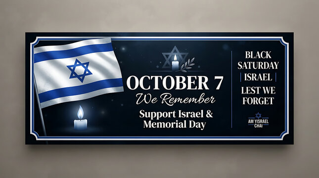 "OCTOBER 7 We Remember Support Israel & Memorial Day" on the left and "BLACK SATURDAY ISRAEL LEST WE FORGET" on the right, plus a small logo at bottom right.