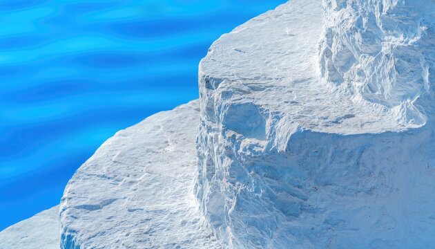 Close-up of white mineral terraces against a vibrant blue sky and water background.