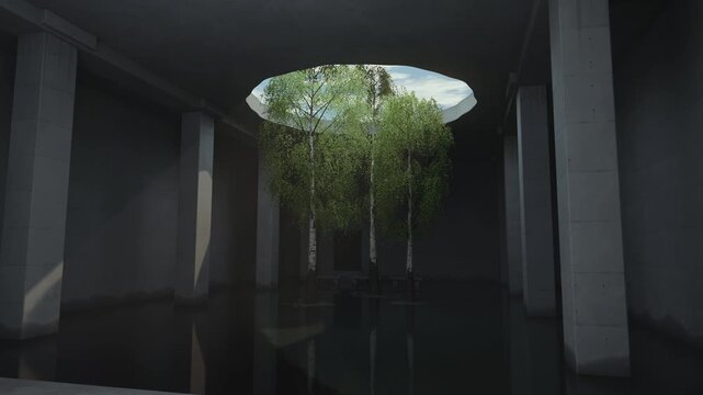 Birch Trees in Flooded Brutalist Hall with Sunlight and Reflections. Seamless Loop