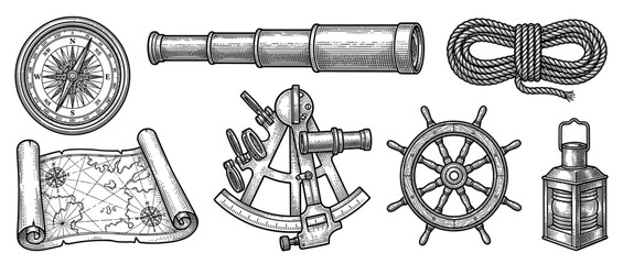 Nautical Navigation Tools Collection, Vintage Illustration Style © tingkhir