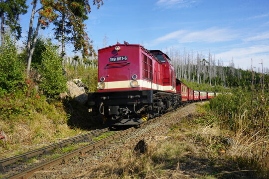 
Brocken, Harz, Germany, September 26, 2026. Locomotive 199 861-6 (a so-called "Harz Camel" of the V 100 class) belonging to the Harz Narrow Gauge Railways (HSB), hauling a historic passenger train.