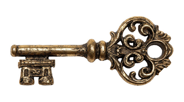 Vintage ornate brass key isolated on a white background