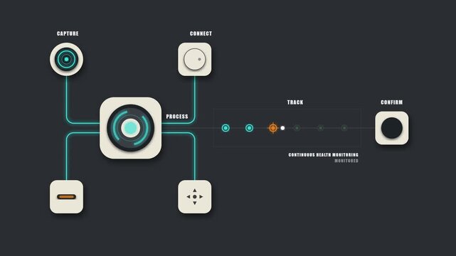 Conceptual Technical Process Flow Diagram with Interconnected Data Nodes and System Schematic on Dark Background