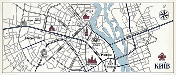 Obraz premium City Map with Historic Landmarks and River