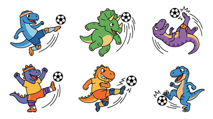 Fototapeta premium Cute cartoon dinosaurs playing soccer, isolated on transparent background