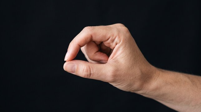 Close-up of a human hand making a pinching or small size gesture against a black background.