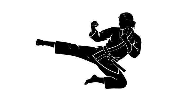 Female martial artist silhouette vector performing flying side kick in karate uniform with tied hair and belt for sports and self defense projects