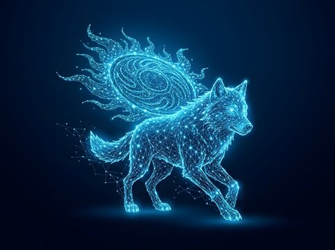 Cybernetic neon blue wolf glowing in digital wireframe style