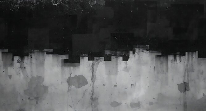 Abstract grunge background with a sharp contrast between dark black blocks and a weathered light grey concrete wall