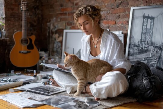 Creative woman reading with her cat in a cozy art studio during daylight