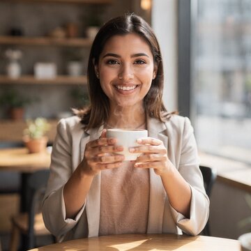 Una mujer hispana sonriendo mientras bebe caf&eacute; en una cafeter&iacute;a.